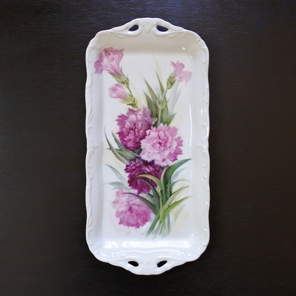 Hand Painted Signed Pink Flower Porcelain Art Pottery Tray Plate Dish